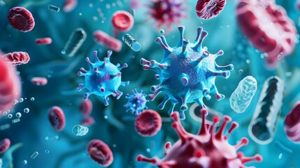 Microscopic view of Healthcare-Associated Infections HAIs showing viruses,bacteria,and other pathogens that can be transmitted in healthcare settings
