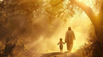 An ethereal image of Jesus Christ and a child walking in a realm of light and beauty. 