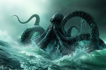 A large octopus is swimming in the ocean with its tentacles outstretched - obrazy, fototapety, plakaty