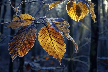 First Frost on Autumn Leaves in Morning Light