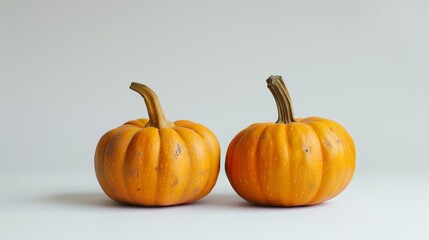 Two miniature pumpkins, bright orange, autumnal theme with copy space