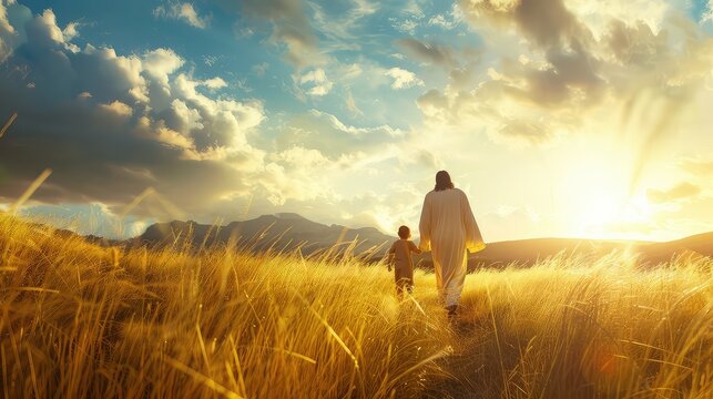 An uplifting image of Jesus Christ and a child walking together towards a bright horizon.