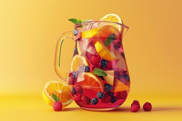 pitcher of fruit punch with ice cubes and raspberries - obrazy, fototapety, plakaty