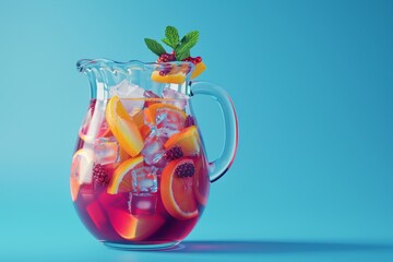 pitcher of fruit punch with ice cubes and raspberries