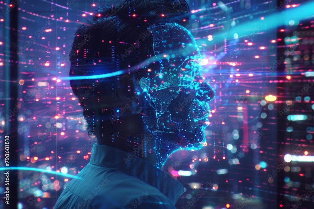 Poster the outline of a human head is overlaid with advanced technology interfaces, depicting ai and data c