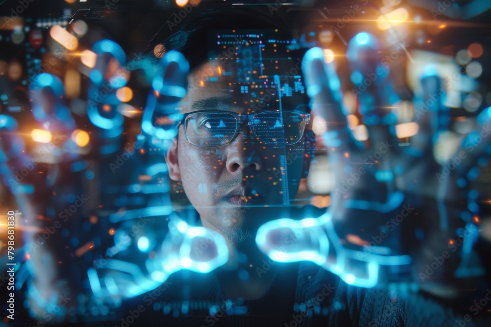 Poster an individual is moving forward through a tunnel-like array of digital lights and patterns, suggesti