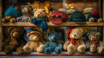 variety of teddy bear accessories displayed on a neatly organized shelf including miniature hats scarves and sunglasses ready to add a touch of style to any cuddly companion.