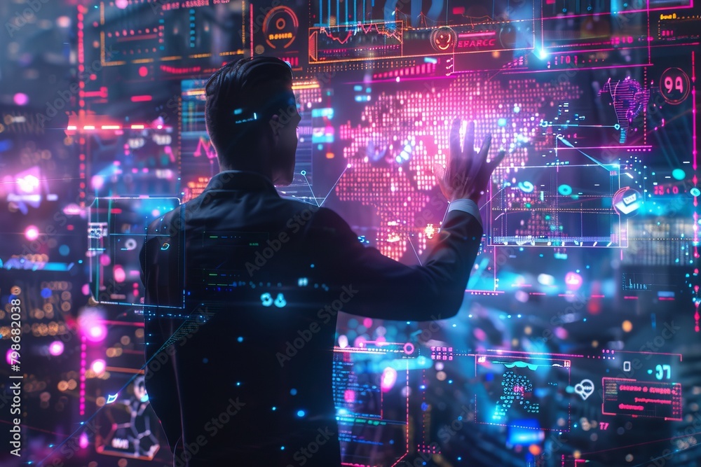 Poster an image showcasing a man as he works with a futuristic interface, surrounded by digital graphics