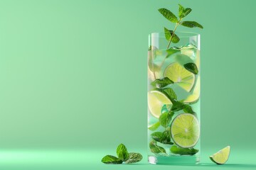 A glass of limeade with a lime slice on top - obrazy, fototapety, plakaty