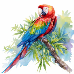 Colorful parrot perched, feathers a vibrant display of nature s palette, detailed and realistic, isolated on white background, watercolor