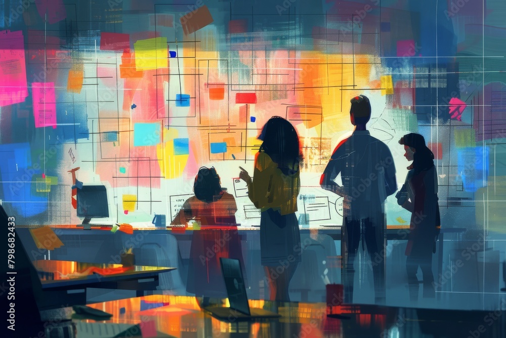 Poster an enthusiastic creative team is engaged in evaluating and discussing a colorful abstract painting o