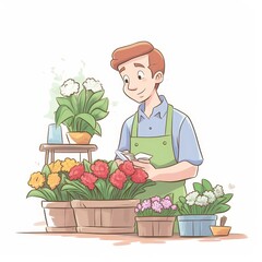 A cartoon illustration of a florist taking care of his flowers in the shop