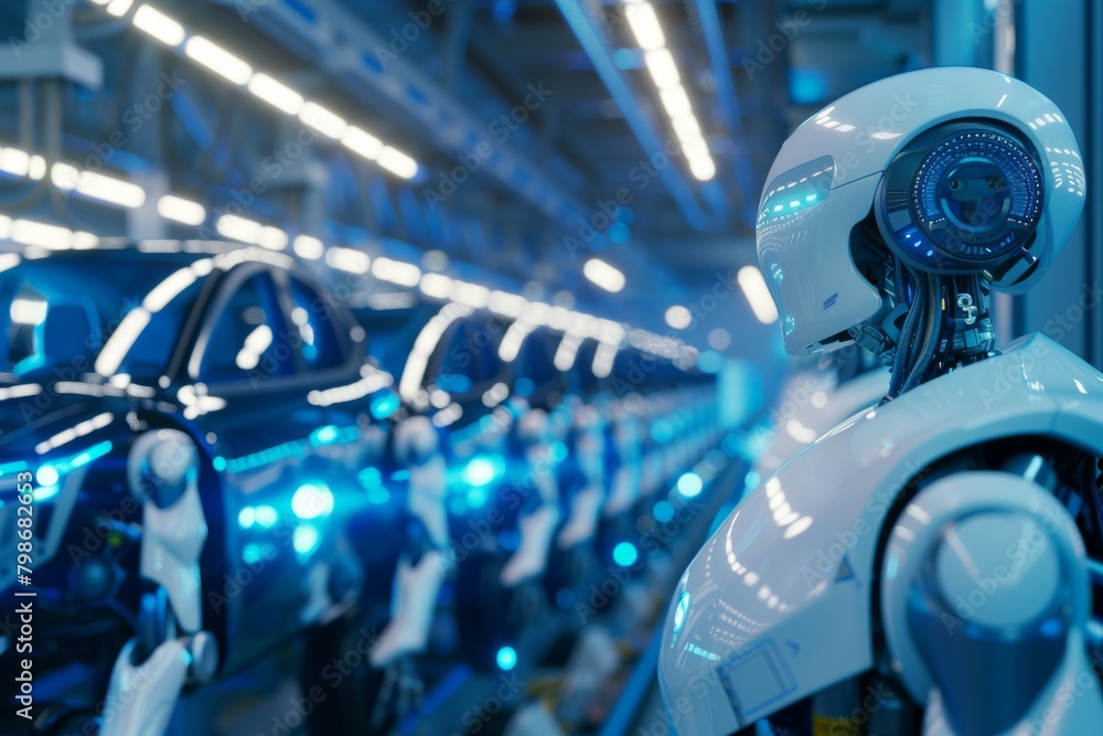 Aufkleber an advanced robot equipped with blue illumination stands in an automotive assembly line, symbolizing