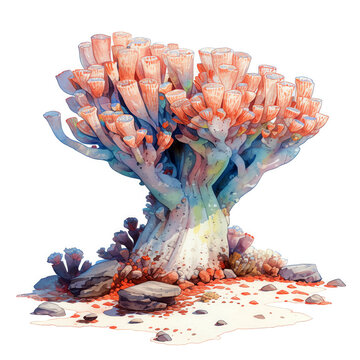 Coral Cactus Euphorbia lactea Cristata, wavy crest on a sturdy trunk, surreal alien landscape, watercolor, isolate.