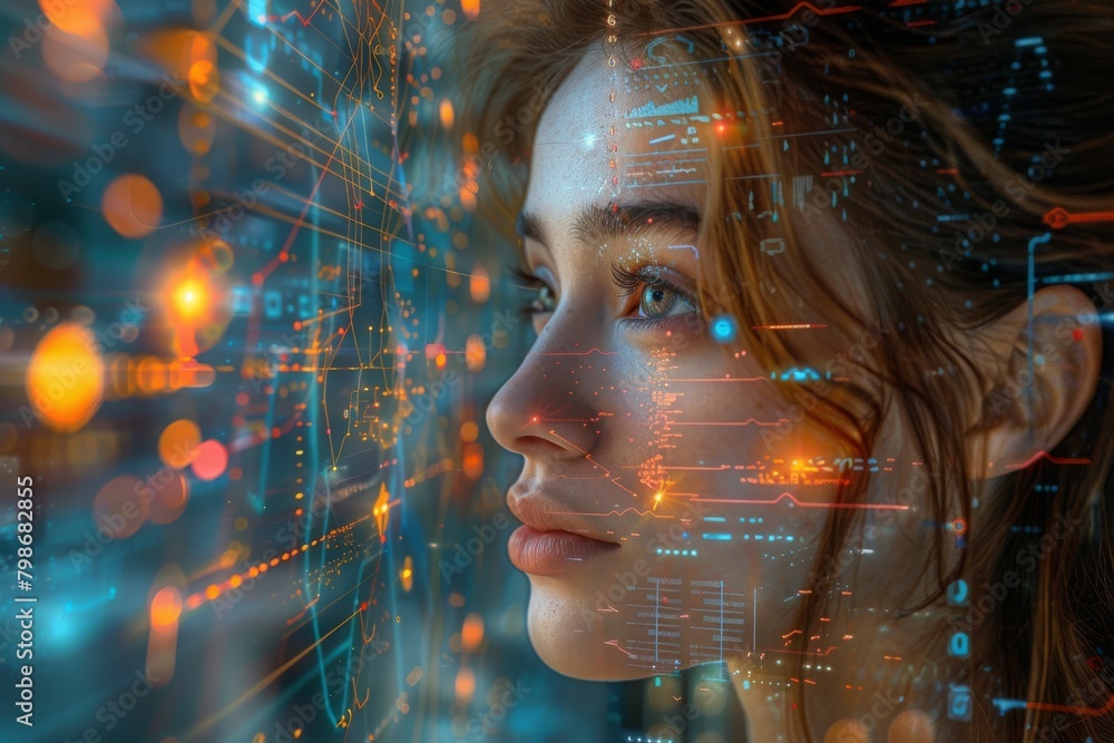 Poster an obscured human face blending into a complex digital neural network grid, conveying themes of ai a