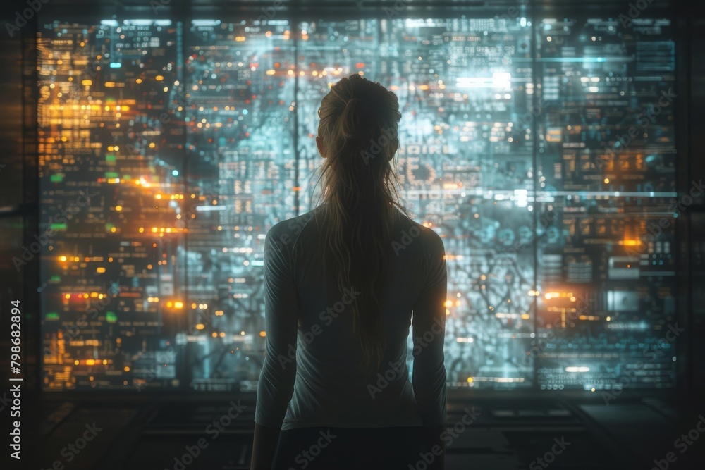 Poster a lone woman stands facing a vast array of complex digital data screens, evoking themes of technolog