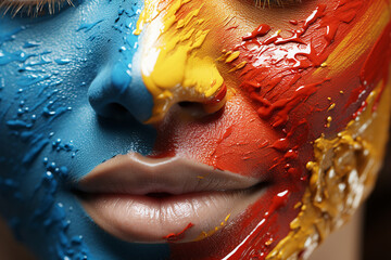 Close-up of a person with colorful paint dripping on their face