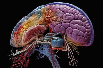 A vibrant, detailed illustration of human brain anatomy with distinct colors