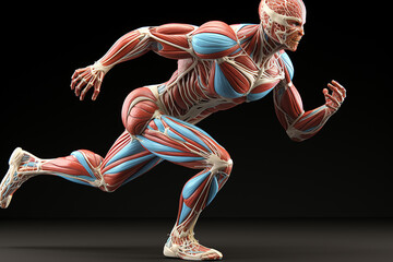 A detailed representation of human muscle anatomy in a dynamic running pose