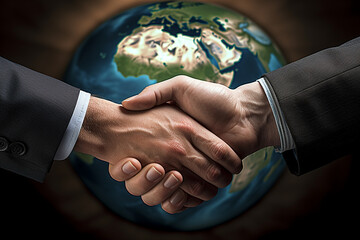 Close-up of a handshake with Earth Globe in the background, symbolizing international cooperation