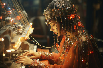 A woman in ornate attire crafting jewelry surrounded by warm lights