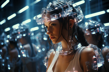 A woman in a sci-fi helmet surrounded by reflective surfaces and neon lights
