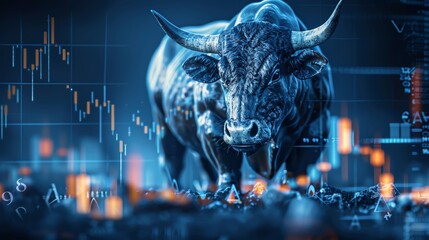Powerful image of a bull superimposed over rising stock charts, with arrows pointing upwards, symbolizing strong market growth - obrazy, fototapety, plakaty