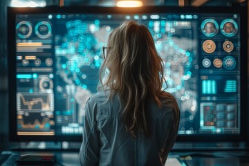 A focused woman interacts with a futuristic holographic interface with various scientific data and graphics