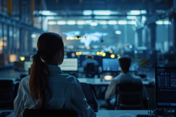 A female professional intently monitors drone operations in a high-tech industrial control room during the night shift