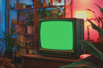 A vintage television set with a bright green screen stands in a cozy room with ambient lighting and plants