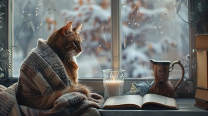 A cat sits on the windowsill. It is wrapped in a blanket. There are a glass of milk and a book next...