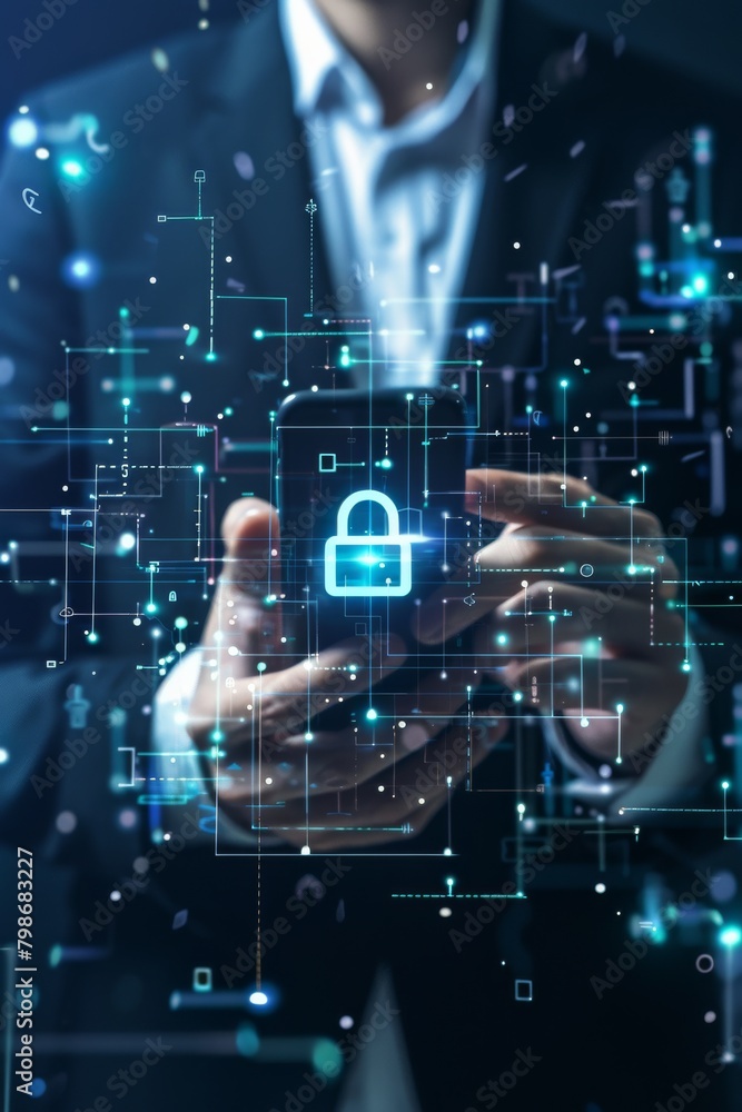 Poster a sharply dressed man stands out with a virtual security lock hologram encompassing data protection 