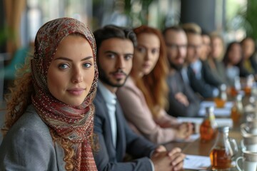 Obraz premium Elegant woman wearing a hijab at a formal business conference setting