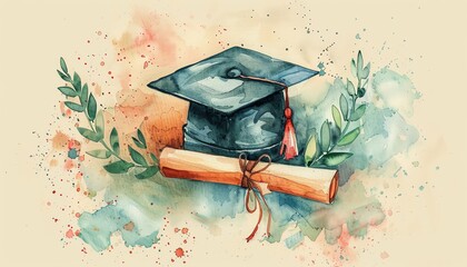 Produce a vivid watercolor illustration of a mortarboard cap adorned with a tassel, a scroll, and a laurel wreath Graduation symbols stand out against a soft pastel background,