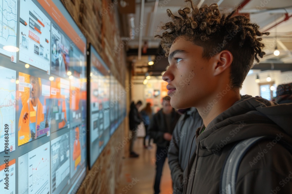 Aufkleber a young individual stands in front of interactive screens displaying colorful data visualizations an