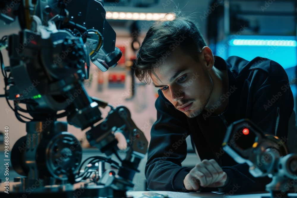 Aufkleber an exhausted engineer sleeps at his desk with a robotic arm in the background symbolizing long worki