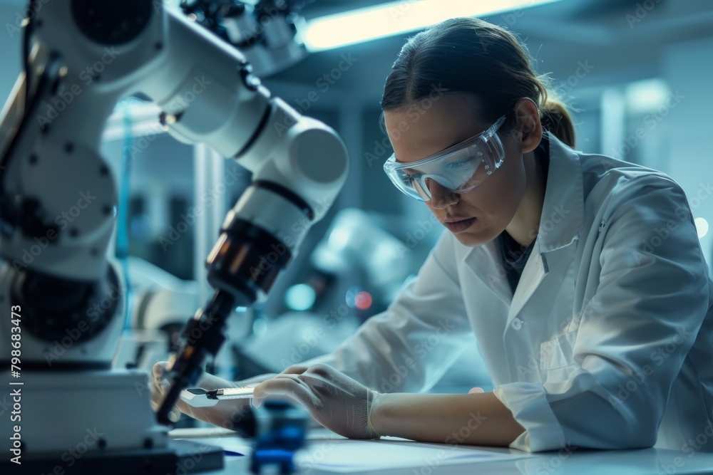 Aufkleber a female scientist intensely studies samples using an advanced robotic microscope, highlighting prec