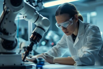 A female scientist intensely studies samples using an advanced robotic microscope, highlighting precision and technology in research