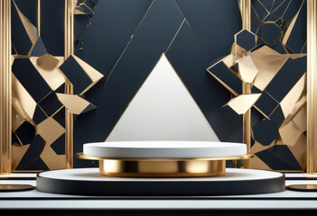 '3D podium pedestal gold copper rim frame Hand geometric shapes Black background product promotion Abstract platform Art deco banner Minimalist mockup render copy poduim three-dimensional dais'