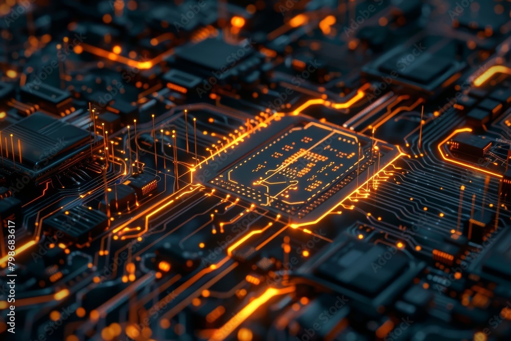 Poster macro shot focusing on a microchip's glowing pathways within a larger electronic circuit framework