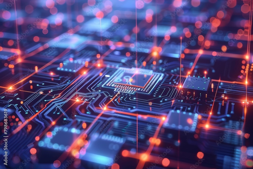 Poster glowing neon blue and red circuits illustrating powerful computing processes and high-speed data tra