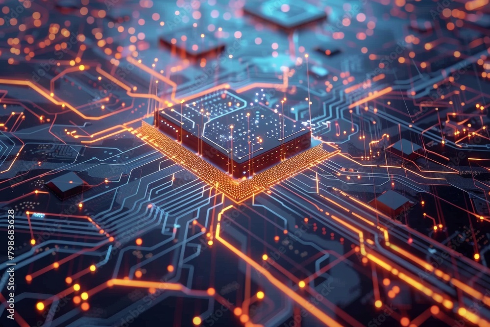 Poster an intricate 3d rendering of a futuristic motherboard with glowing edges highlighting circuits and a