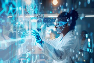 A focused female scientist interactively works with augmented reality holograms in a high-tech laboratory setting