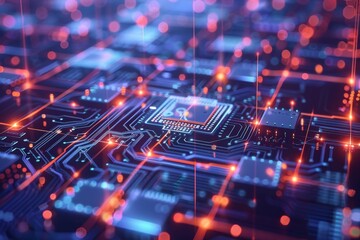 Obraz premium Glowing neon blue and red circuits illustrating powerful computing processes and high-speed data transmission