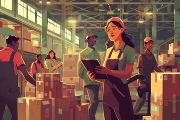An animated scene showcasing workers in a bustling warehouse environment, coordinating logistics and inventory