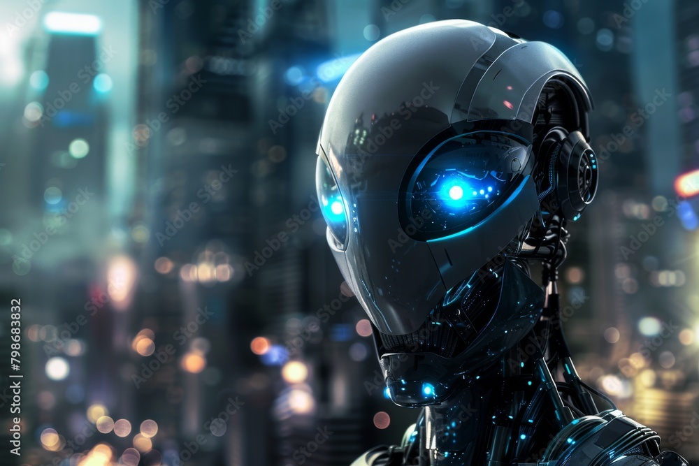 Aufkleber sophisticated black robot with intense blue eyes emanating from a high-tech head exemplifies advance
