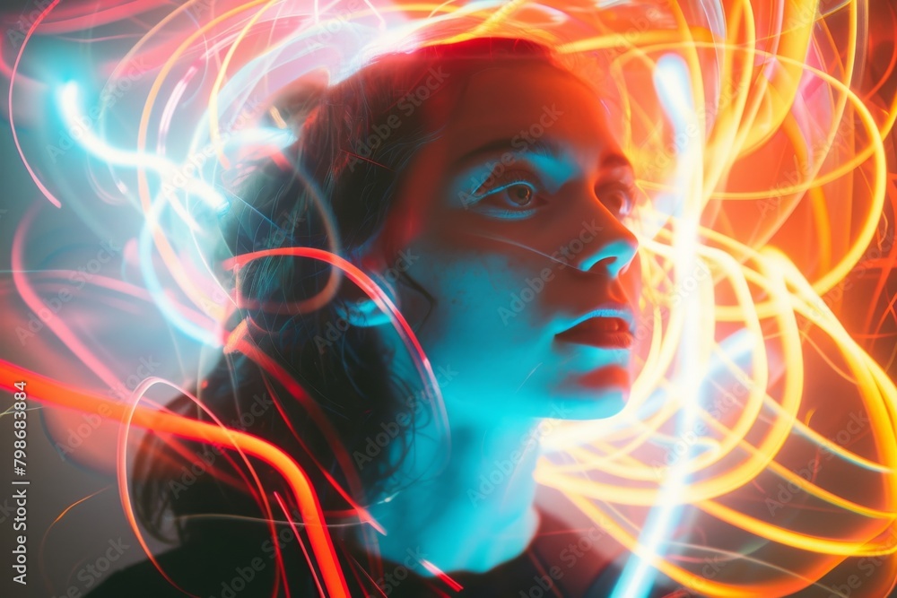 Poster mesmerizing neon light patterns moving dynamically against a dark backdrop, suggesting energy and mo