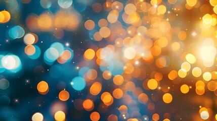 Blur gold color bokeh background. Blur abstract background of city light. Warm light with beautiful pattern of round bokeh. Orange festive light in the night. Street flare lights in the city at night