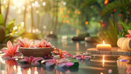 Spa background with pink flowers and towels on the table. Spa concept