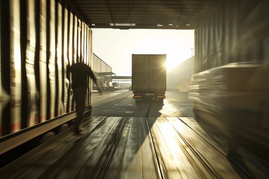 A silhouette of a worker at a loading dock with a truck during sunrise symbolizes industry and the start of the workday